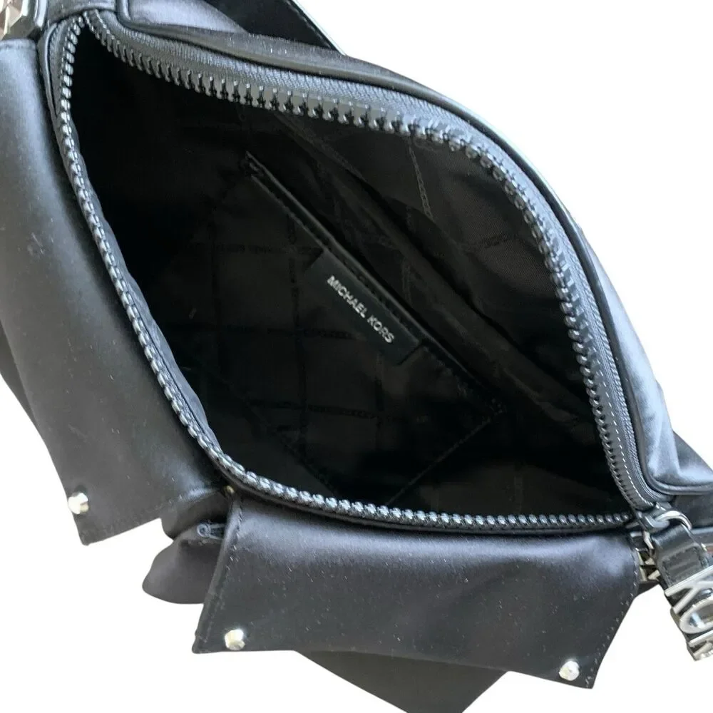 Michael Kors Olivia Large Studded Satin Belt Bag Black Silver Zip Up Goth NWOT